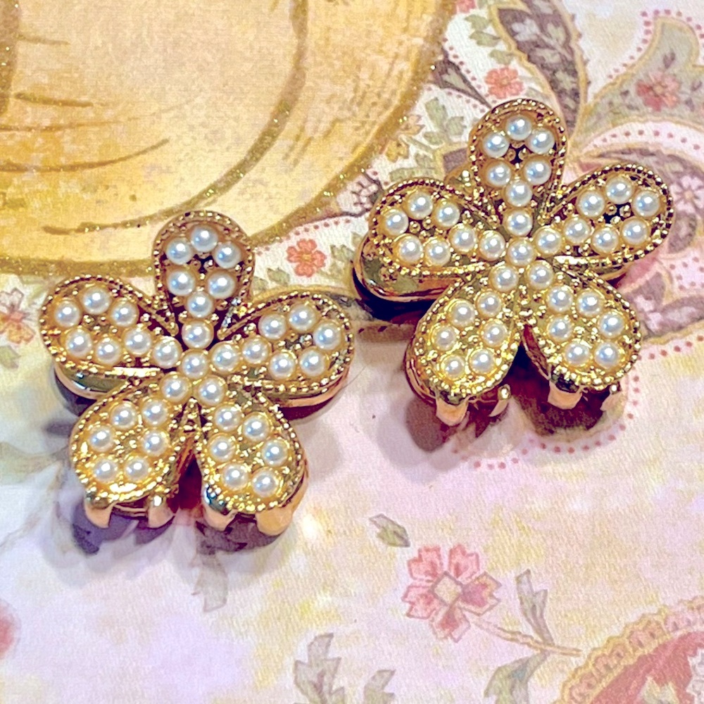 Pearl Flower Hair Clips Gold tone New Boutique Set of 2